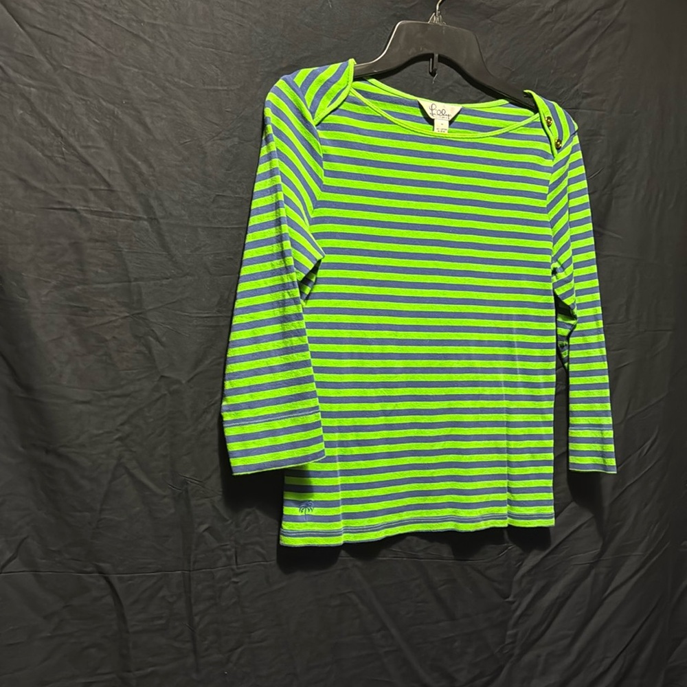 Lilly Pulitzer Women's Green Navy Striped Casual 3/4 Sleeve Ladies Shirt